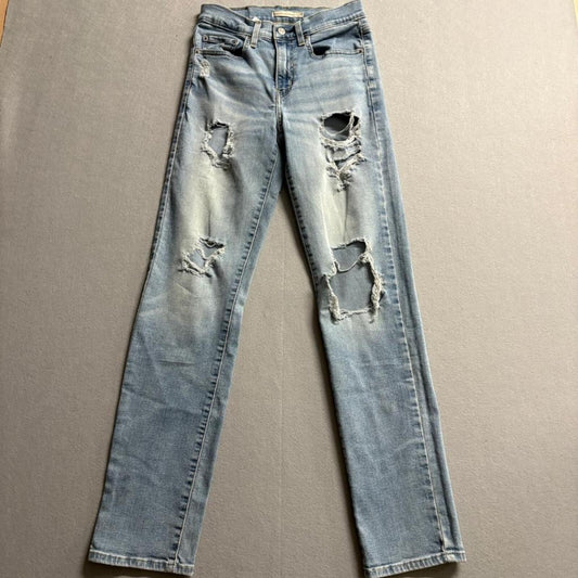 Levi's 724 High Rise Straight Jeans Womens 27x32 Distressed Ripped Light Wash