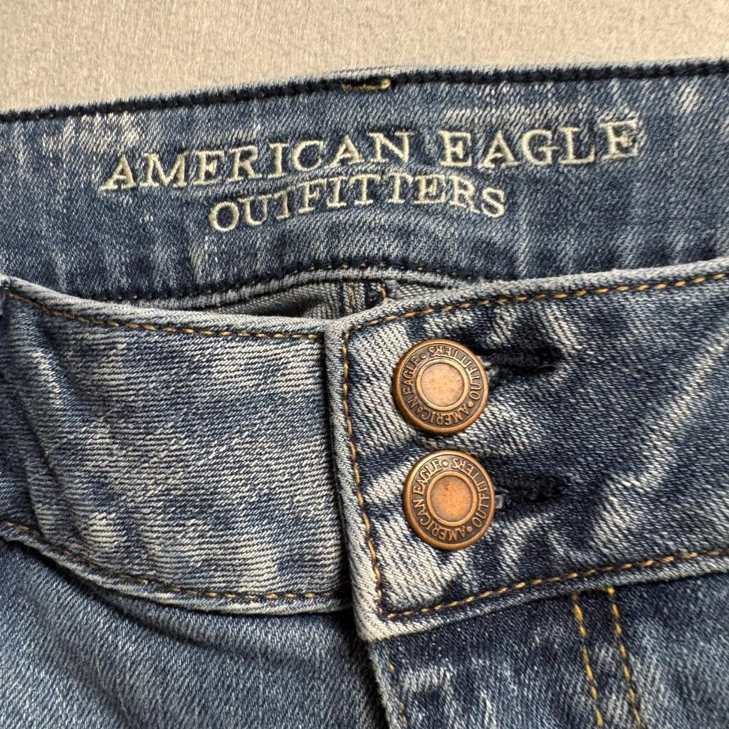American Eagle Artist Flare Jeans Womens 16 Short Blue Distressed Stretch Denim