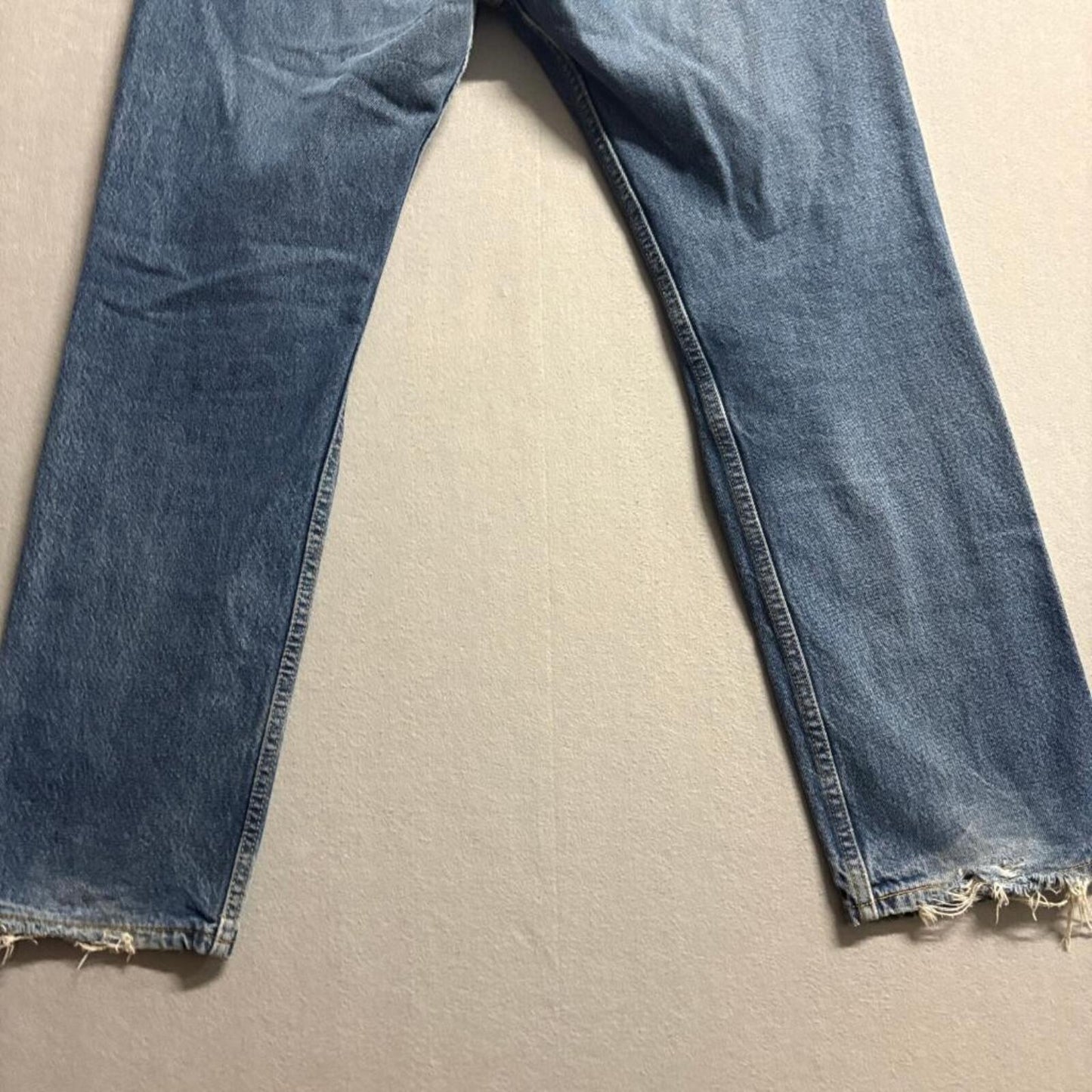 Levis 505 Regular Fit Jeans Mens 36x32 Blue Denim Straight Leg Distressed Hems