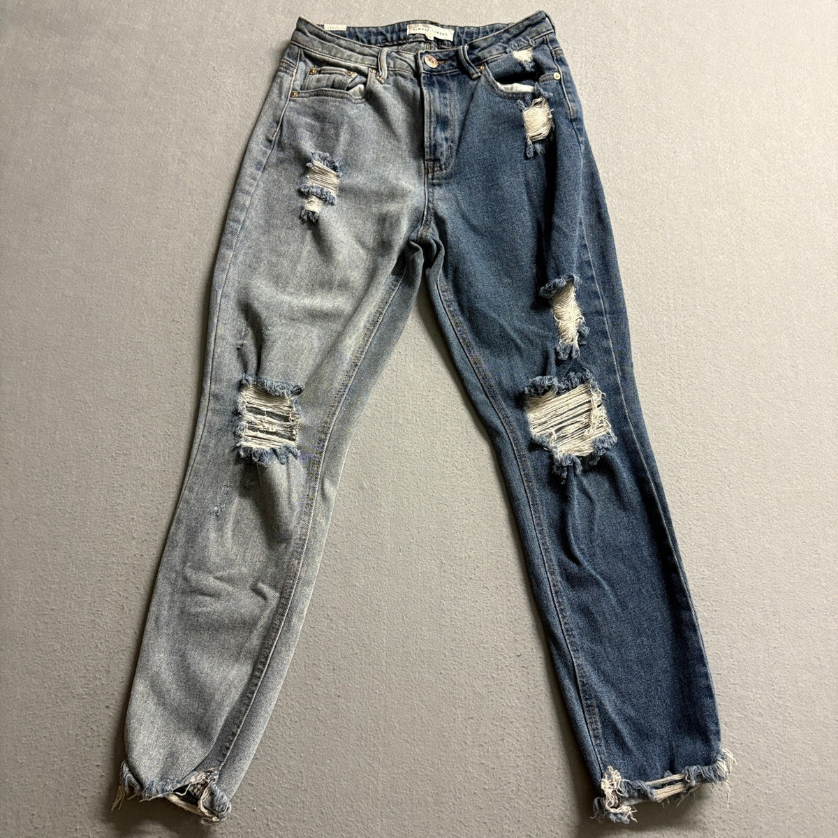 Almost Famous Two Tone Split Color Distressed Jeans Womens Size 3 Blue Denim