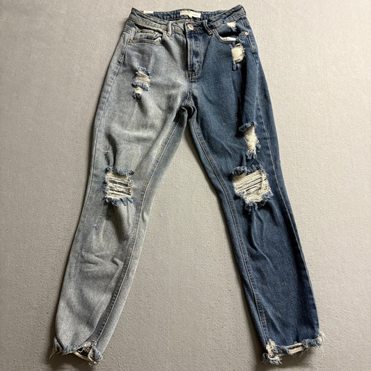 Almost Famous Two Tone Split Color Distressed Jeans Womens Size 3 Blue Denim