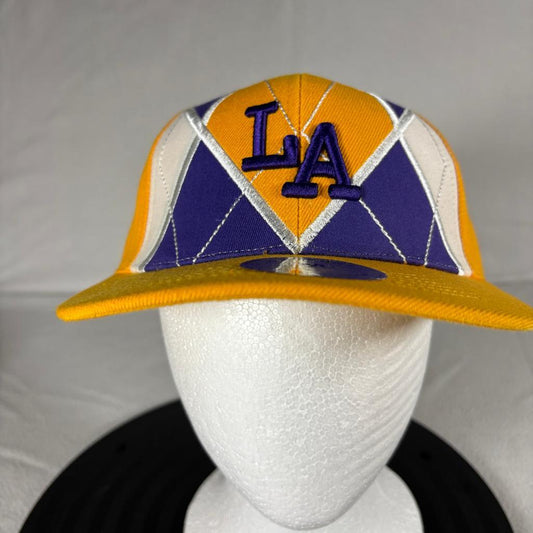 Los Angeles Lakers JFH Headwear Fitted Hat Size M Yellow Purple Argyle Cap