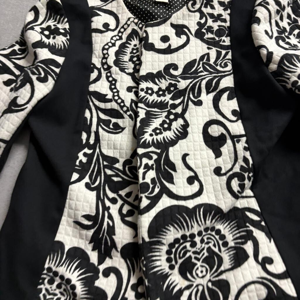 Chico's Quilted Jacket Womens Size 0 XS Black White Floral Polka Dot Open Front