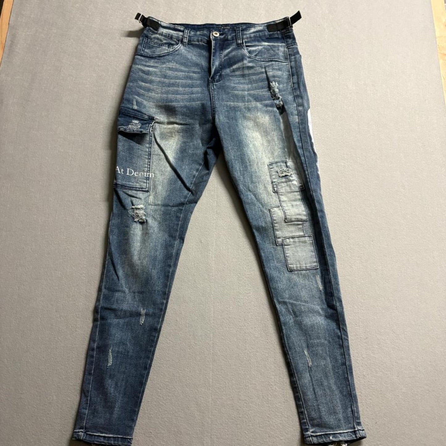 Astatine Denim Mens 32 Distressed Patchwork Skinny Jeans Blue Zip Ankle Cargo