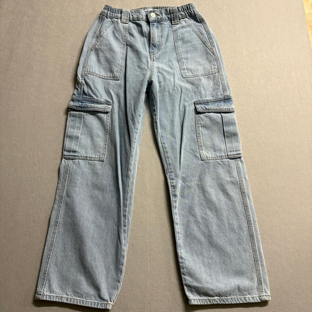 Wax Jean Collection Womens Medium Light Wash Denim Cargo Jeans Elastic Waist