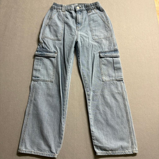 Wax Jean Collection Womens Medium Light Wash Denim Cargo Jeans Elastic Waist