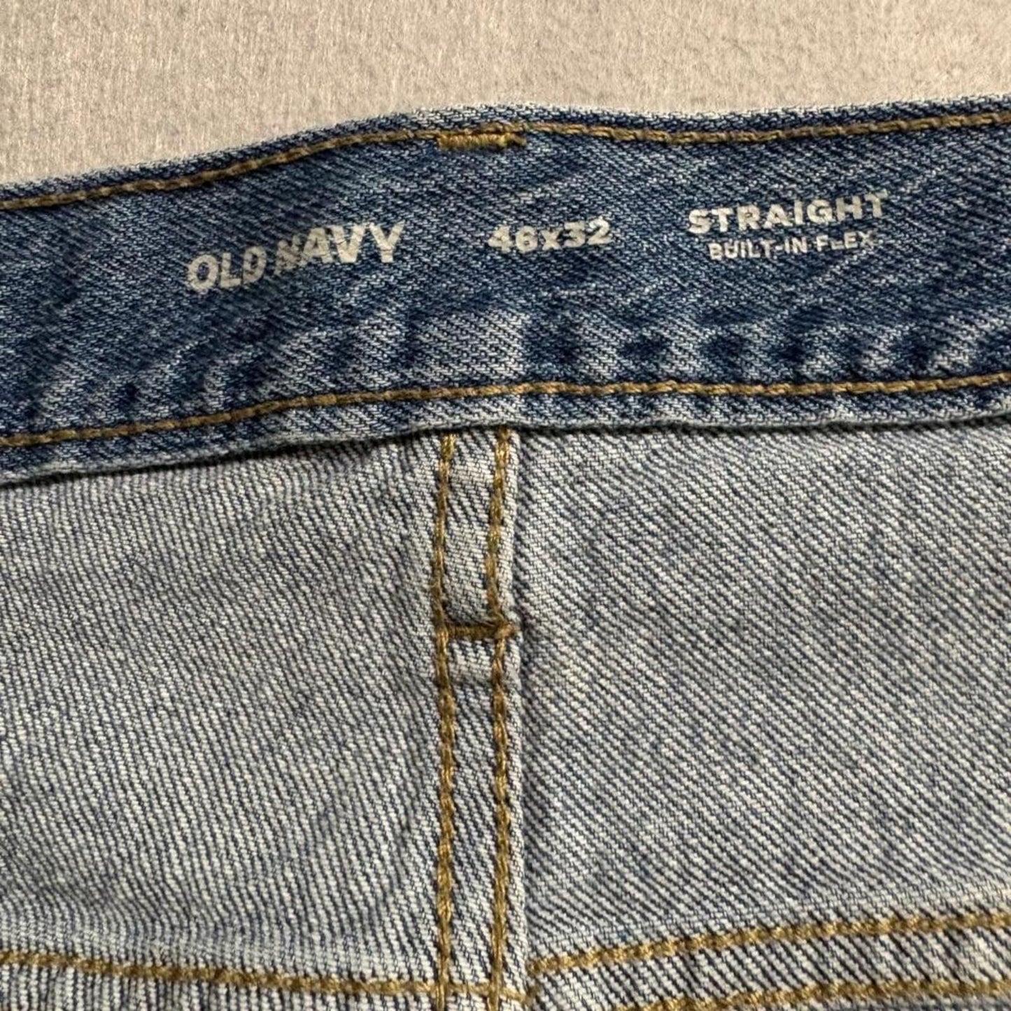 Old Navy Built-In Flex Straight Jeans Mens 46x32 Blue Distressed Ripped Denim