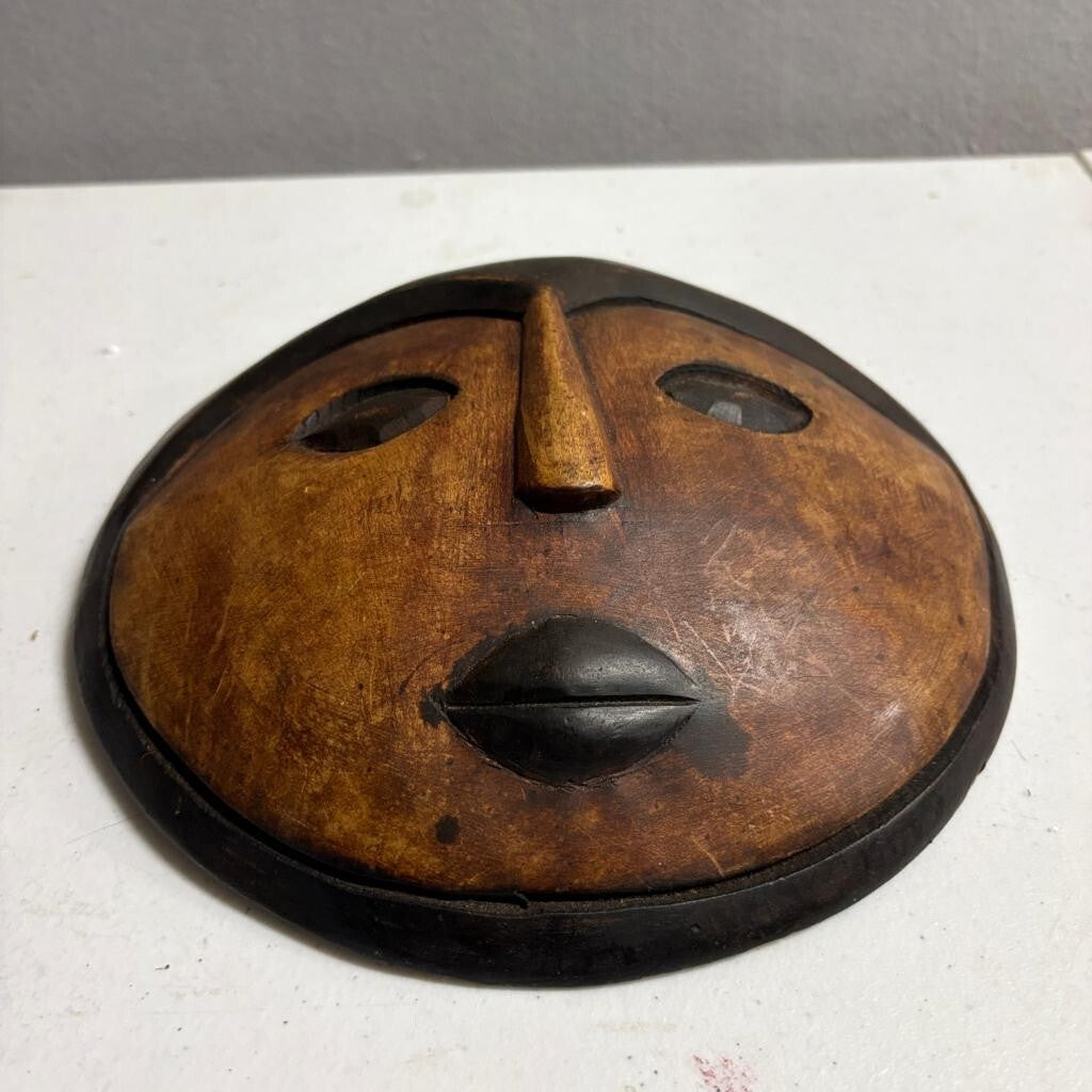 Vintage African Hand Carved Wooden Moon Mask Round Folk Art Wall Hanging