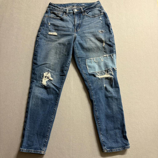 Old Navy OG Straight Curvy Jeans Womens 6 Blue Denim High Rise Distressed Patch