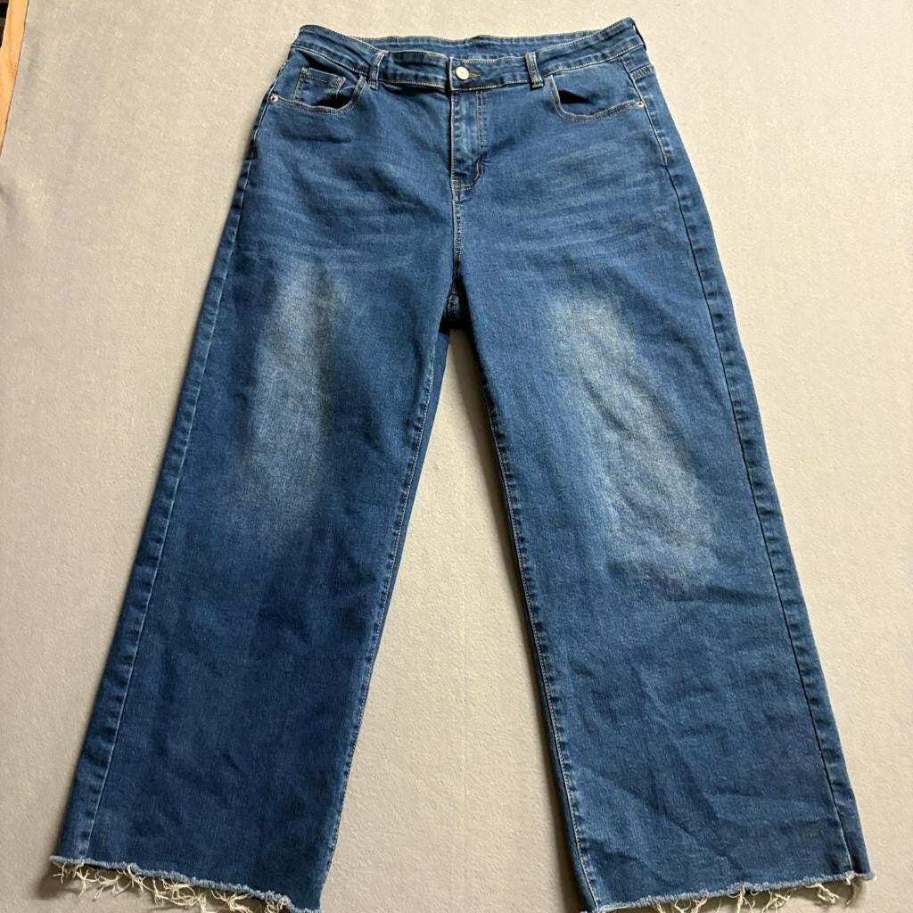 Allimy Wide Leg Crop Jeans Womens Size 16 Blue Denim Raw Hem Stretch High Rise