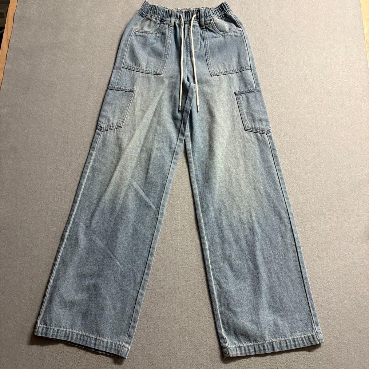Madden NYC Cargo Jeans Womens XXS Blue Denim Elastic Waist Drawstring Wide Leg