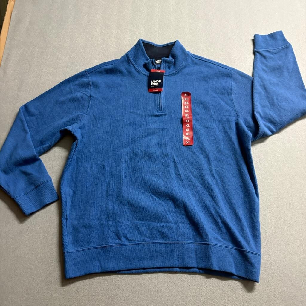Lands End Ribbed Quarter Zip Pullover Mens XL Mariner Blue Cotton Blend Sweater