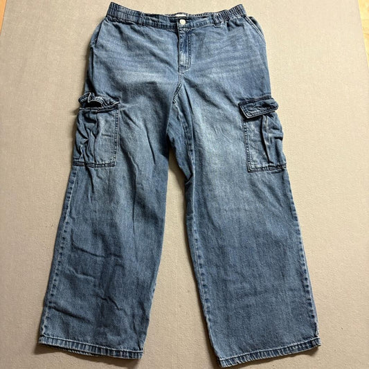Ava & Viv Cargo Jeans Womens 16 Blue Denim Wide Leg Elastic Waist Utility Pants