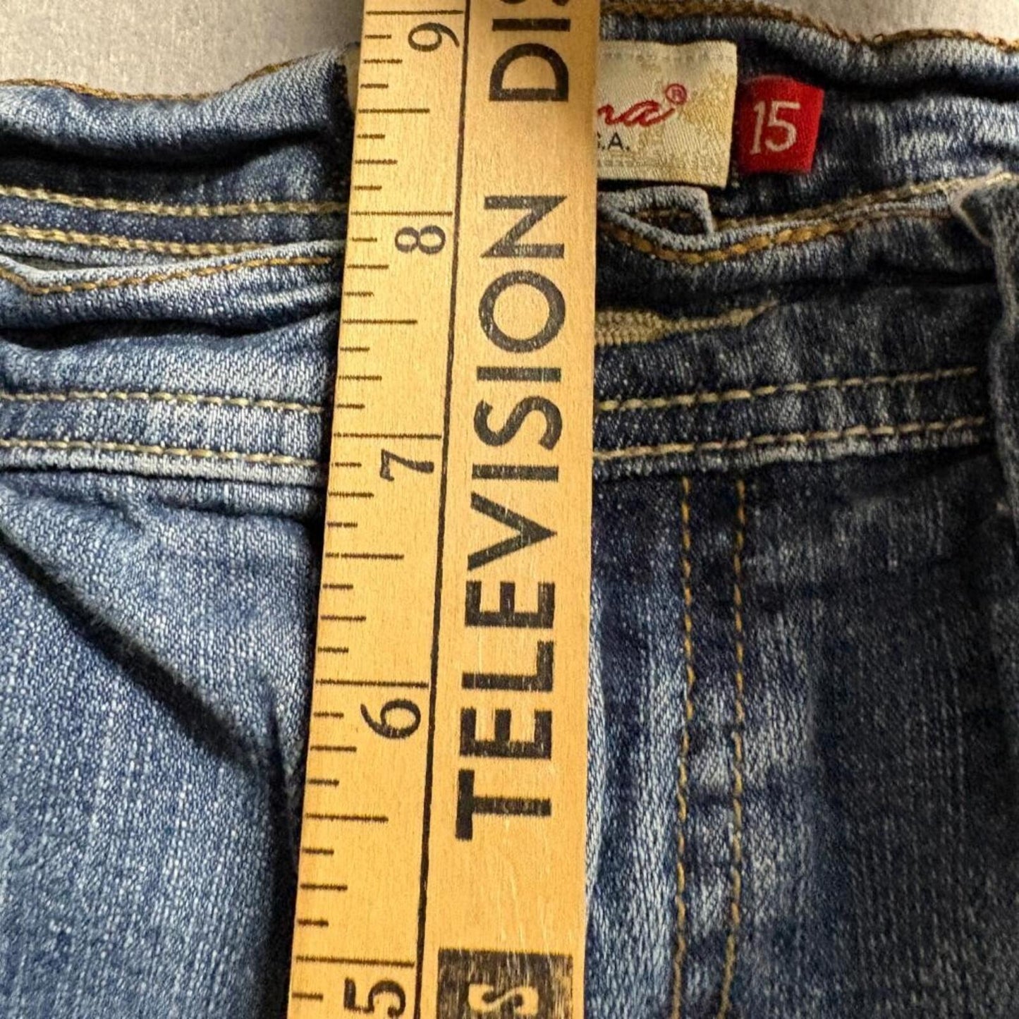 Eunina Jeans USA Womens Size 15 Distressed Raw Hem Straight Leg Blue Denim 32x26