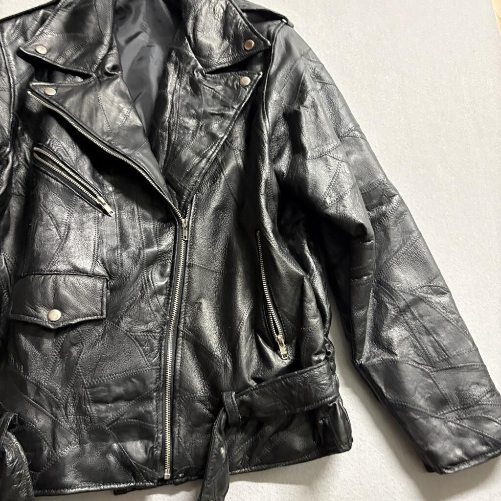 Vintage Patchwork Leather Motorcycle Jacket Mens XL Black Belted Biker Punk