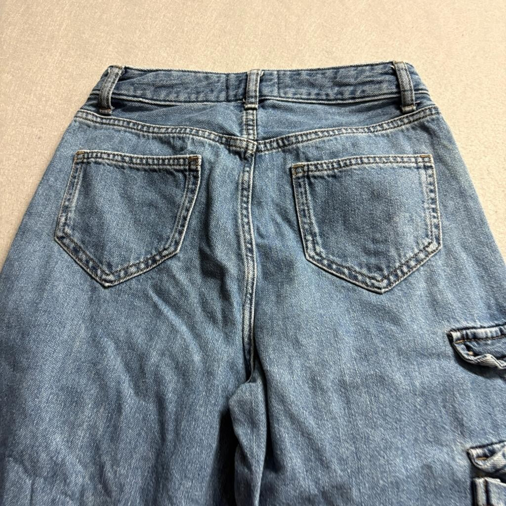 Primark Rita Ora Cargo Jeans Womens Size 2 Blue Denim Wide Leg High Rise 100%