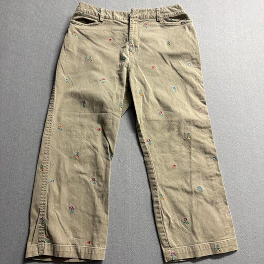 Rafaella Petites Embroidered Floral Khaki Pants Womens 8P Beige Cotton Stretch