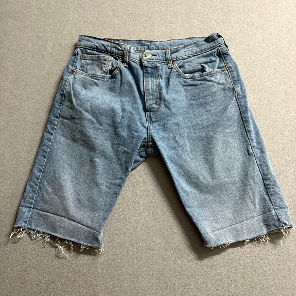 Levi's 505 Cut Off Jean Shorts Mens 33 Blue Denim Raw Hem Jorts Casual