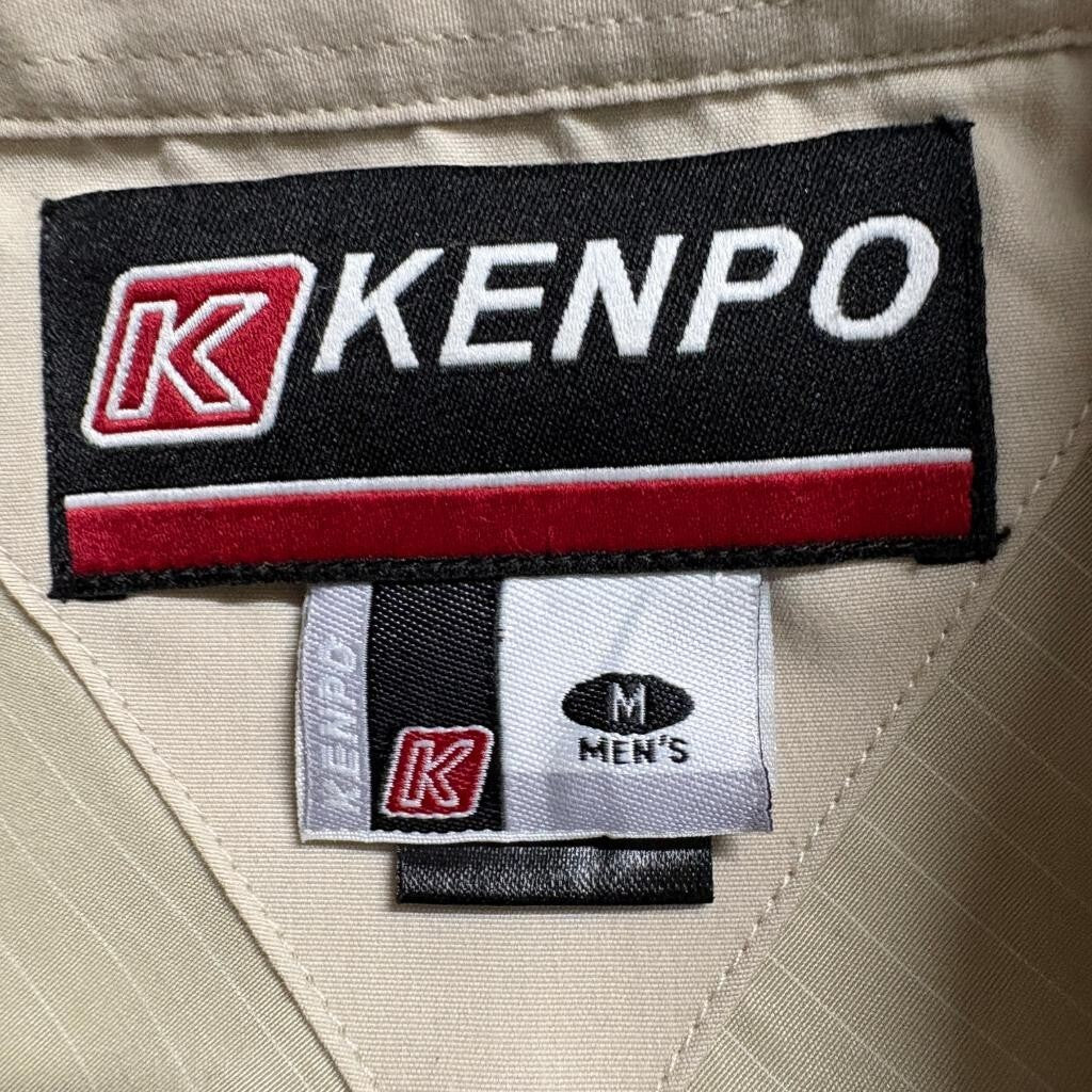 Kenpo Mens Medium Short Sleeve Button Up Shirt Beige Striped Polyester Casual