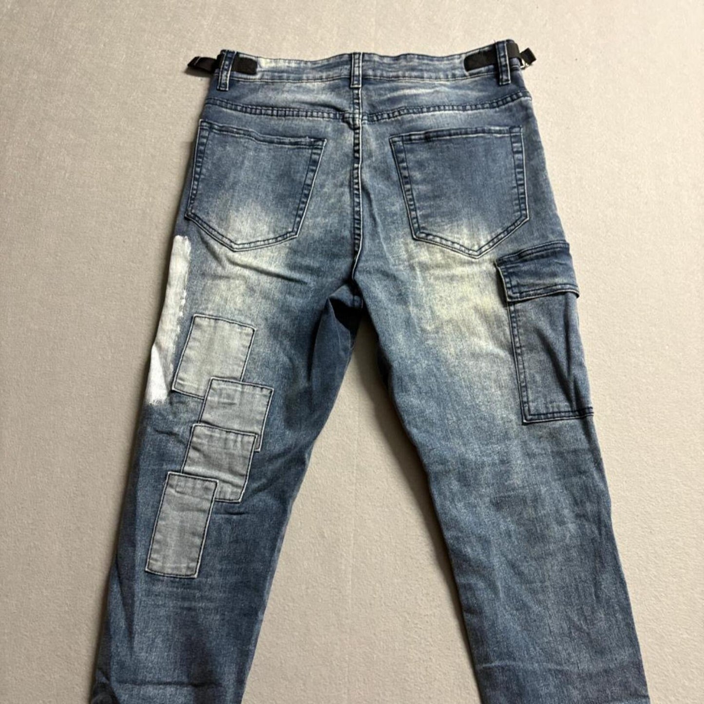 Astatine Denim Mens 32 Distressed Patchwork Skinny Jeans Blue Zip Ankle Cargo