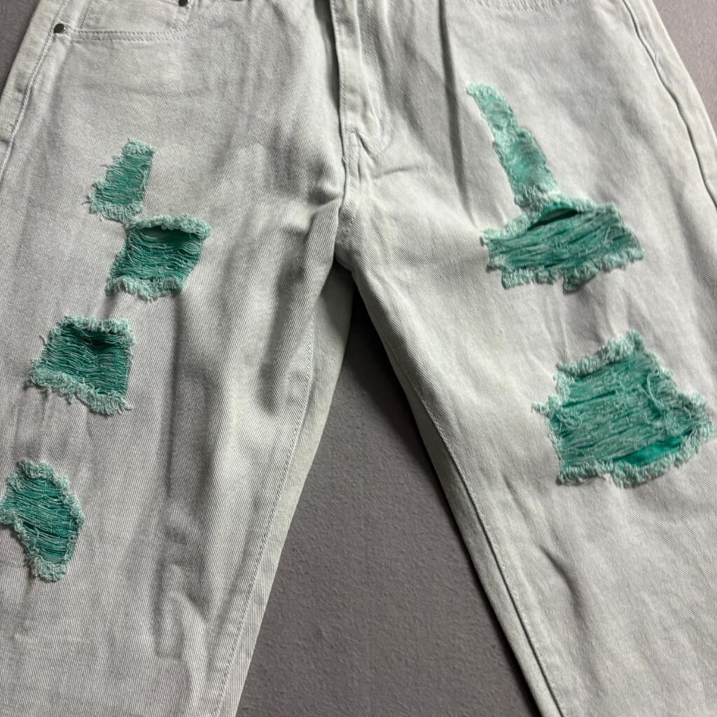 Shein Distressed Jeans Womens Medium Light Wash Green Underlay Ripped Wide Leg