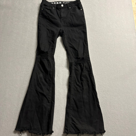 SONG Fit N Flare Jeans Womens Size 5/27 Black Distressed Ripped Raw Hem Stretch