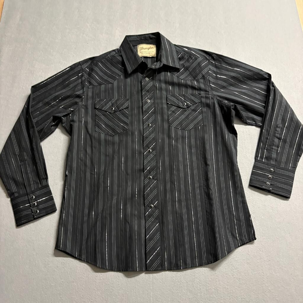 Wrangler Western Fashion Snap Shirt Mens Medium Black Silver Metallic Stripe L/S