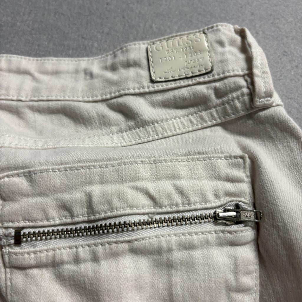 Guess Skinny Moto Jeans Womens 25 Beige Off White Ankle Zip Multi Pocket Low