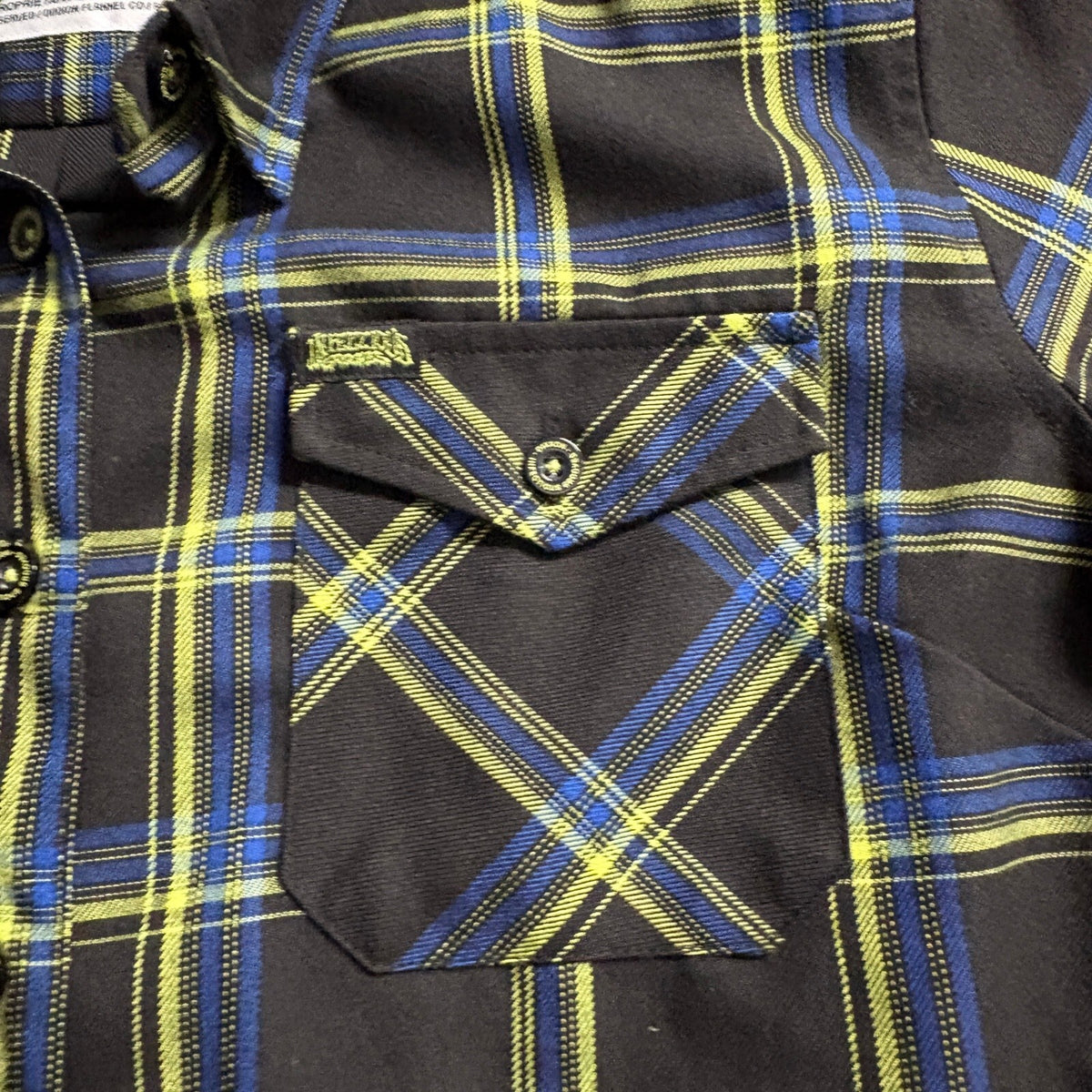 Dixxon Infectious Grooves Flannel Shirt Mens XL Black Yellow Blue Plaid Long