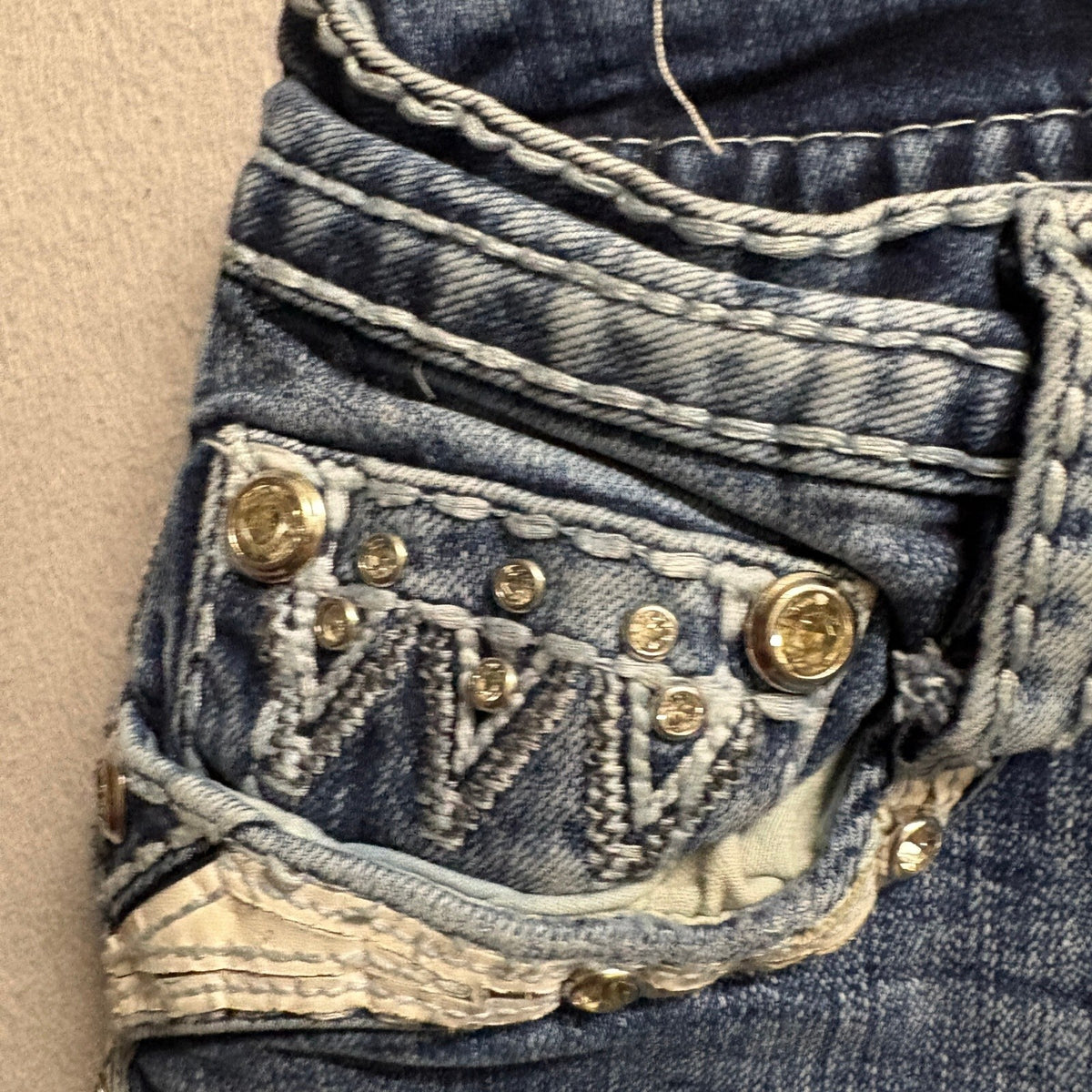 Answer Me Bootcut Jeans Womens 3/30 Blue Denim Thick Stitch Rhinestone Cross Y2K