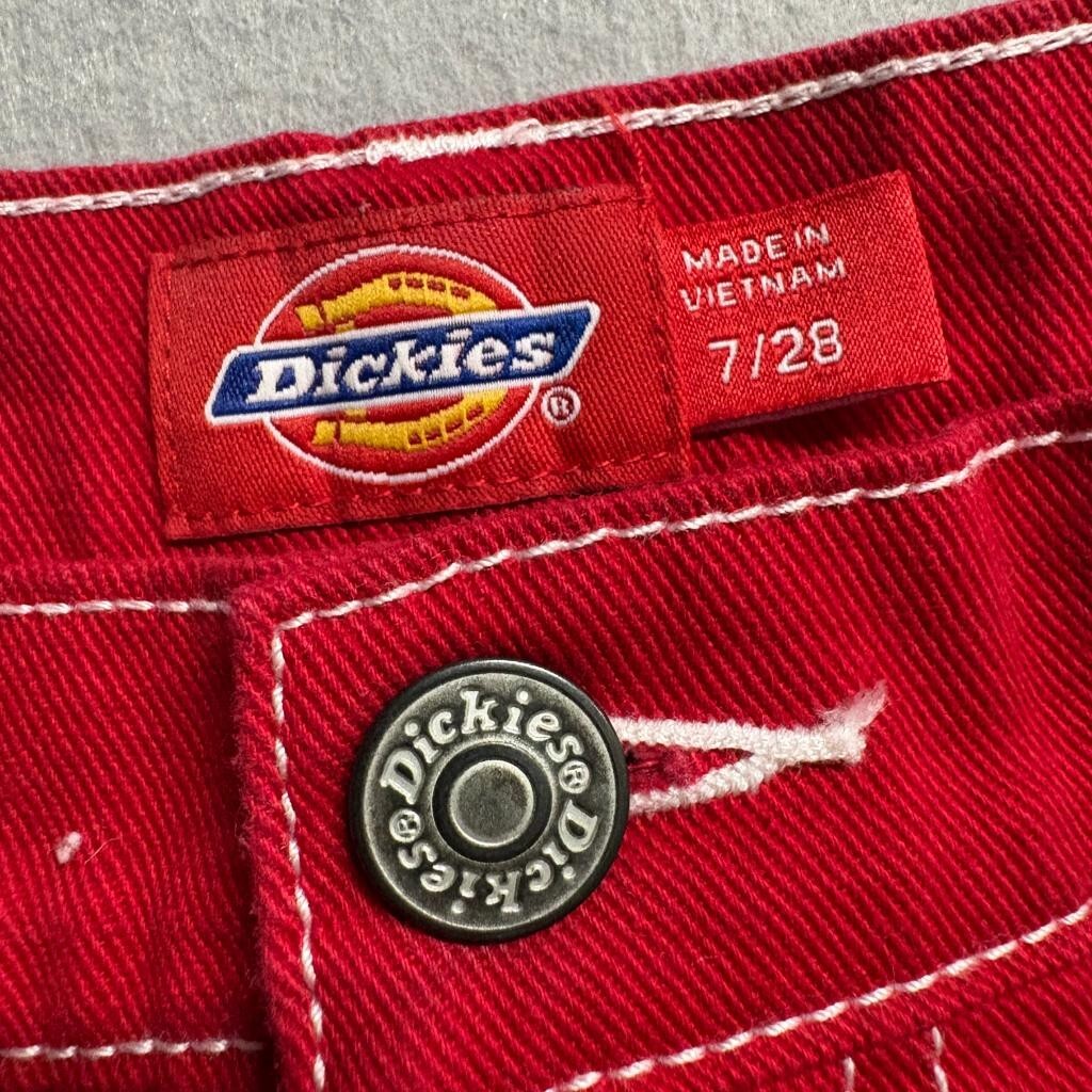 Dickies Girl Carpenter Jeans Womens Size 7/28 Red Denim White Contrast Stitch