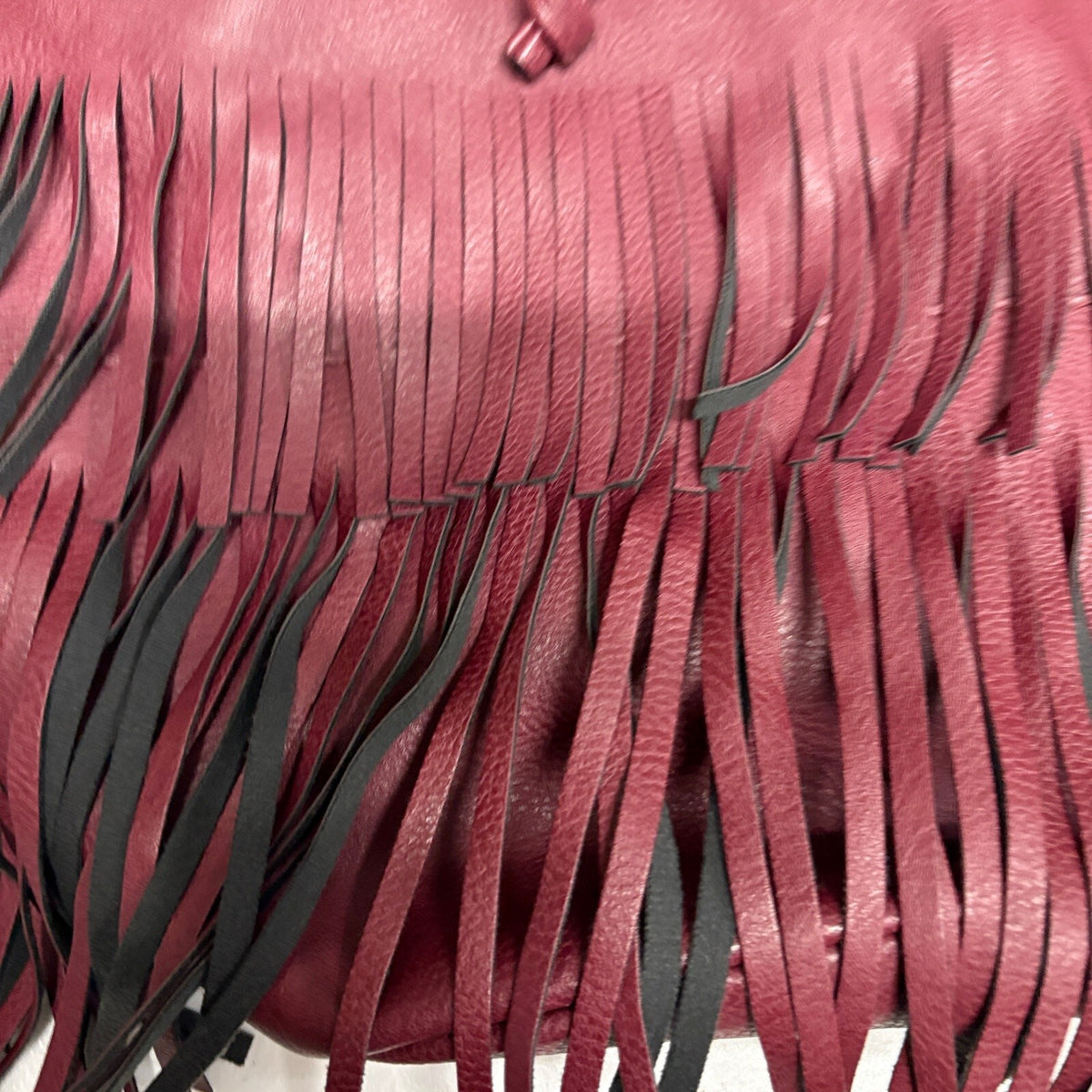 Burgundy Faux Leather Fringe Bucket Bag Women Boho Drawstring Crossbody Purse