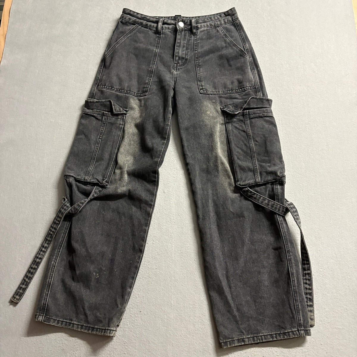 Charlotte Russe Cargo Pants Womens Small Black Denim Wide Leg Utility Strap Y2K