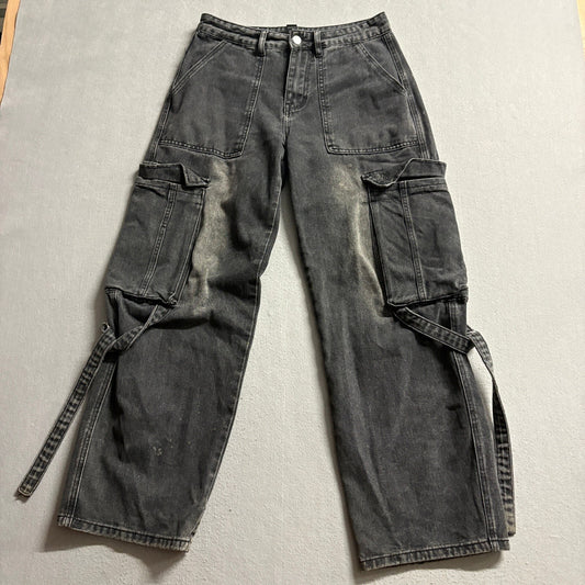 Charlotte Russe Cargo Pants Womens Small Black Denim Wide Leg Utility Strap Y2K