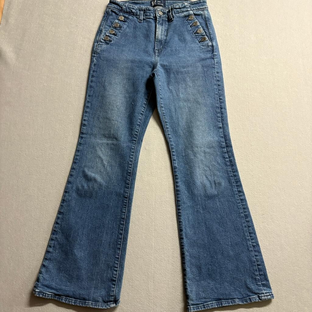 Gap 70s Flare Jeans Womens 8 29R Blue Sailor Button High Rise Stretch Denim