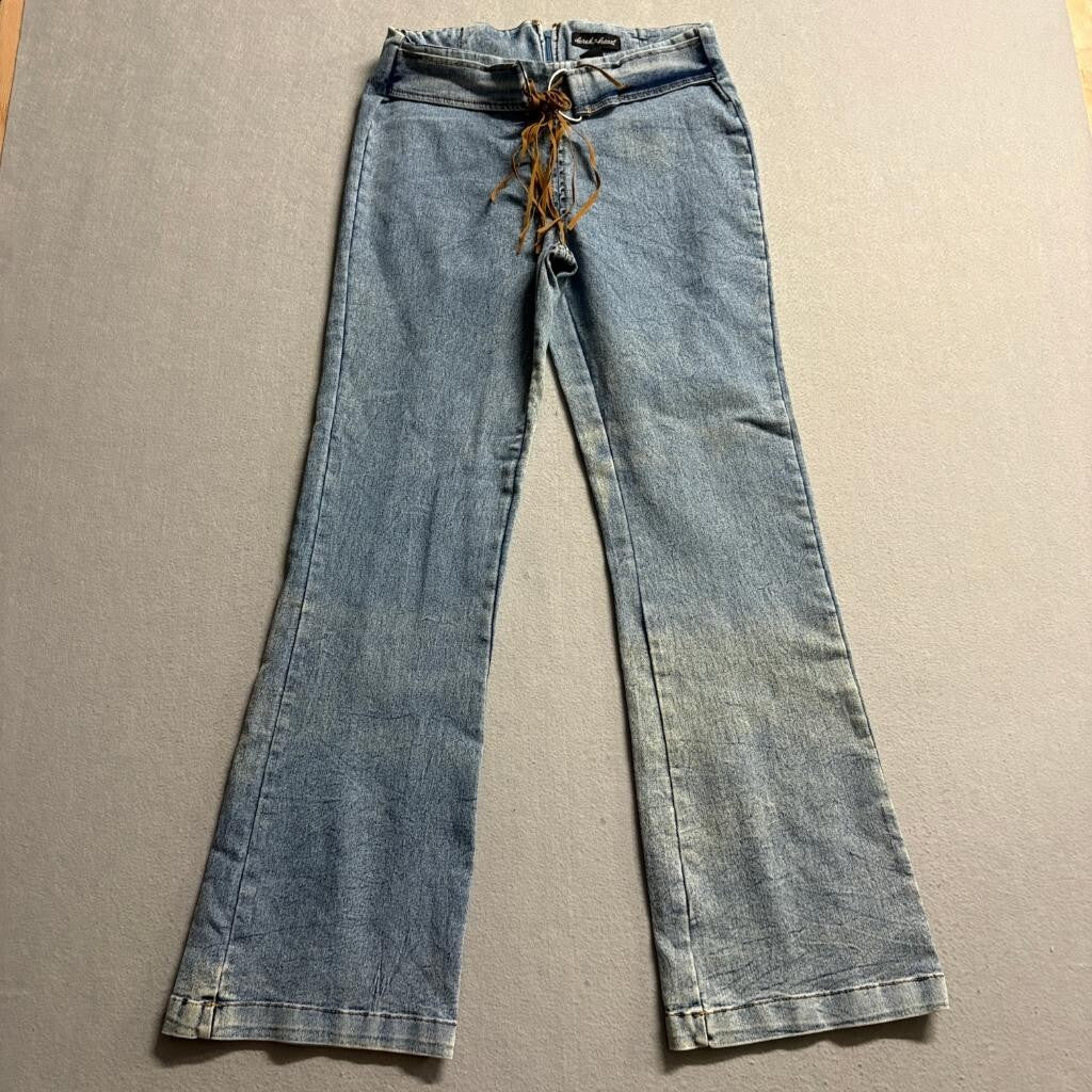 Derek Heart Flare Jeans Womens Size 9 Blue Denim Lace Up Belt Back Zip Y2K Style