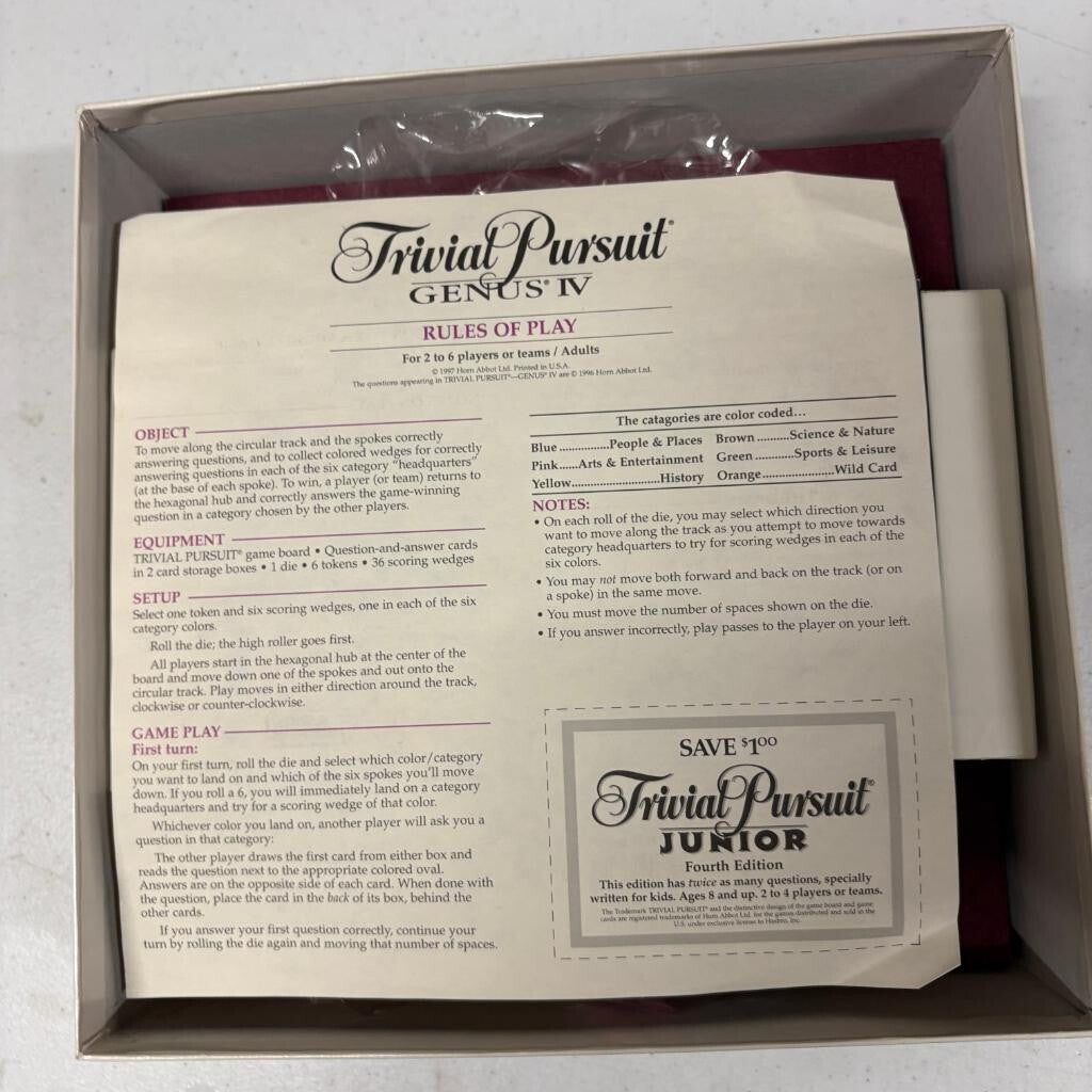 Trivial Pursuit Genus IV Board Game 1996 Parker Brothers Vintage Complete