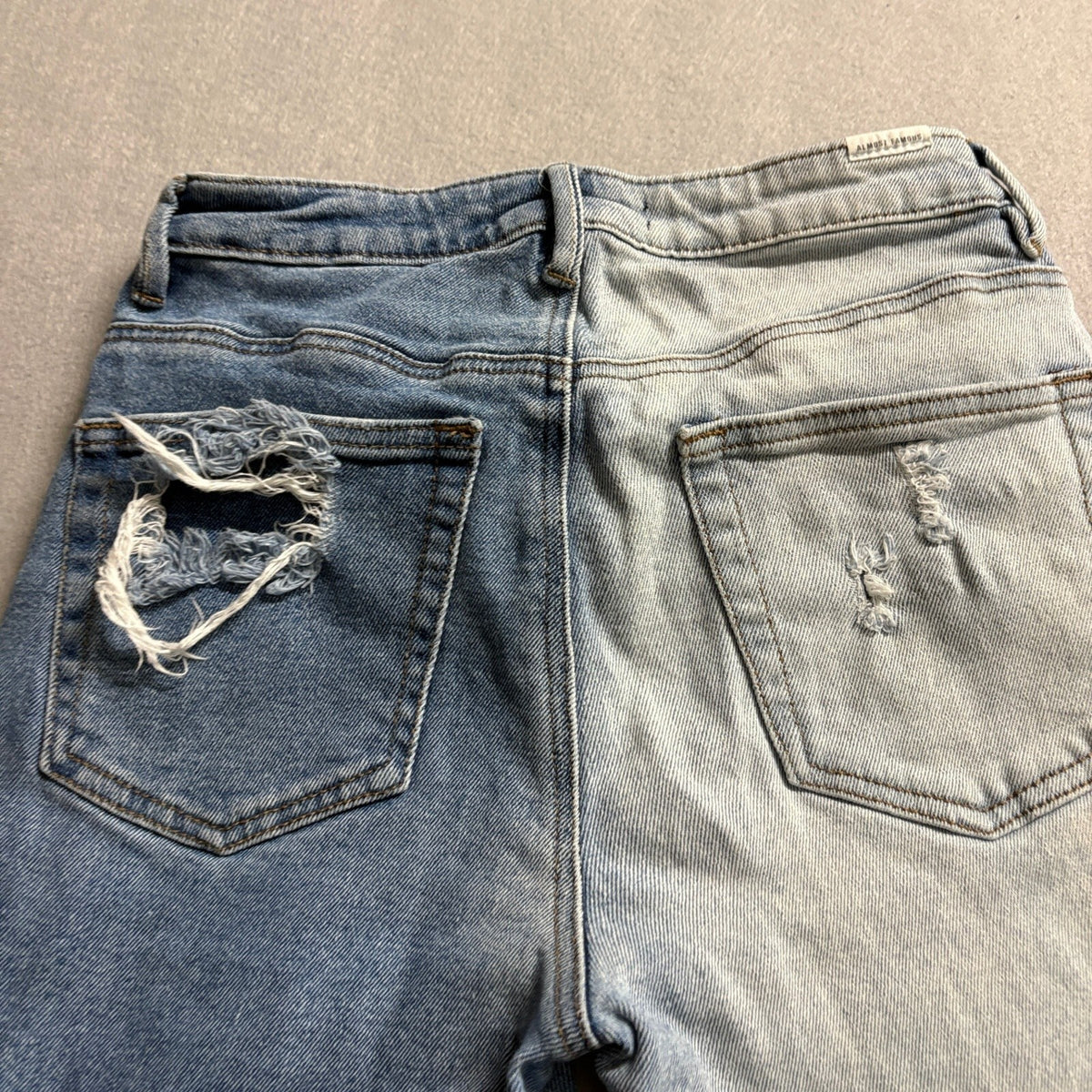 Almost Famous Two Tone Split Color Distressed Jeans Womens Size 1 High Rise Hem