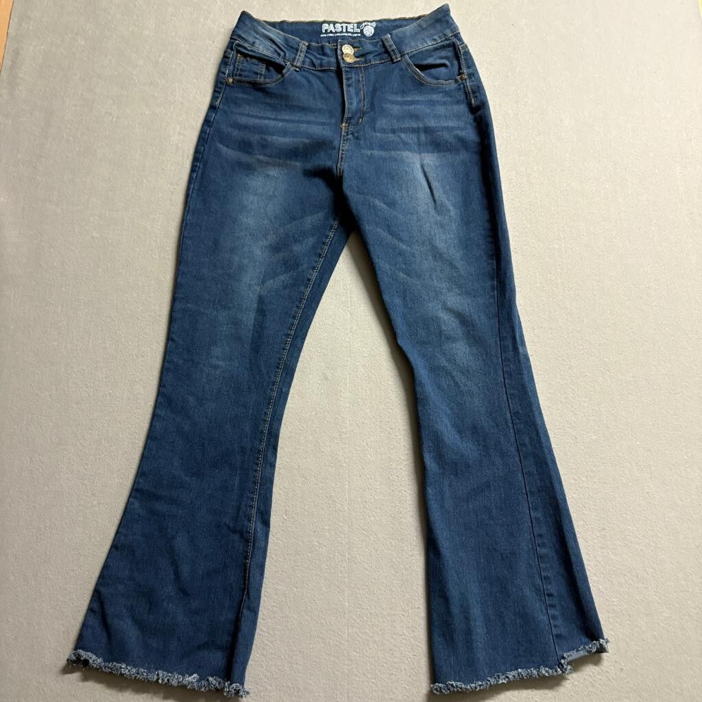 Pastel Jeans Womens 13/14 Blue Denim Flare Raw Hem High Rise Stretch Pants