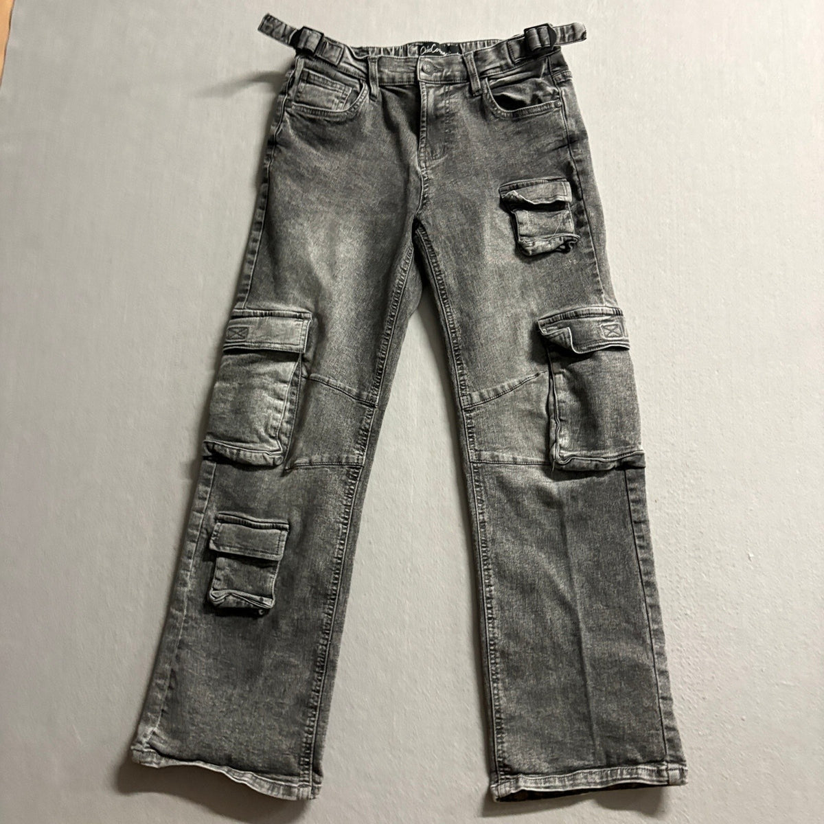 Chic Connect Girls Gray Acid Wash Cargo Jeans Size 5 Stretch Denim Utility Pants
