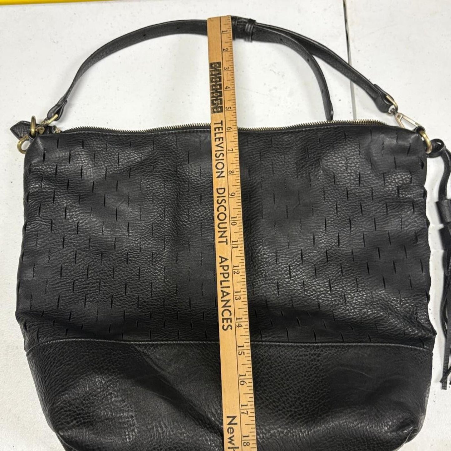 Unbranded Black Leather Hobo Bag Laser Cut Perforated Tassel Shoulder Slouchy