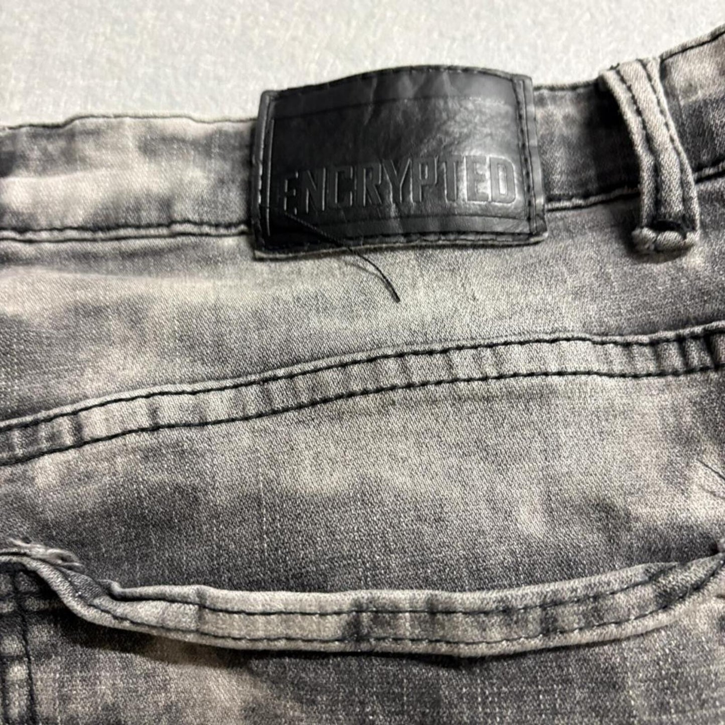 Encrypted Moto Jeans Mens 42x34 Gray Acid Wash Distressed Ripped Biker Denim