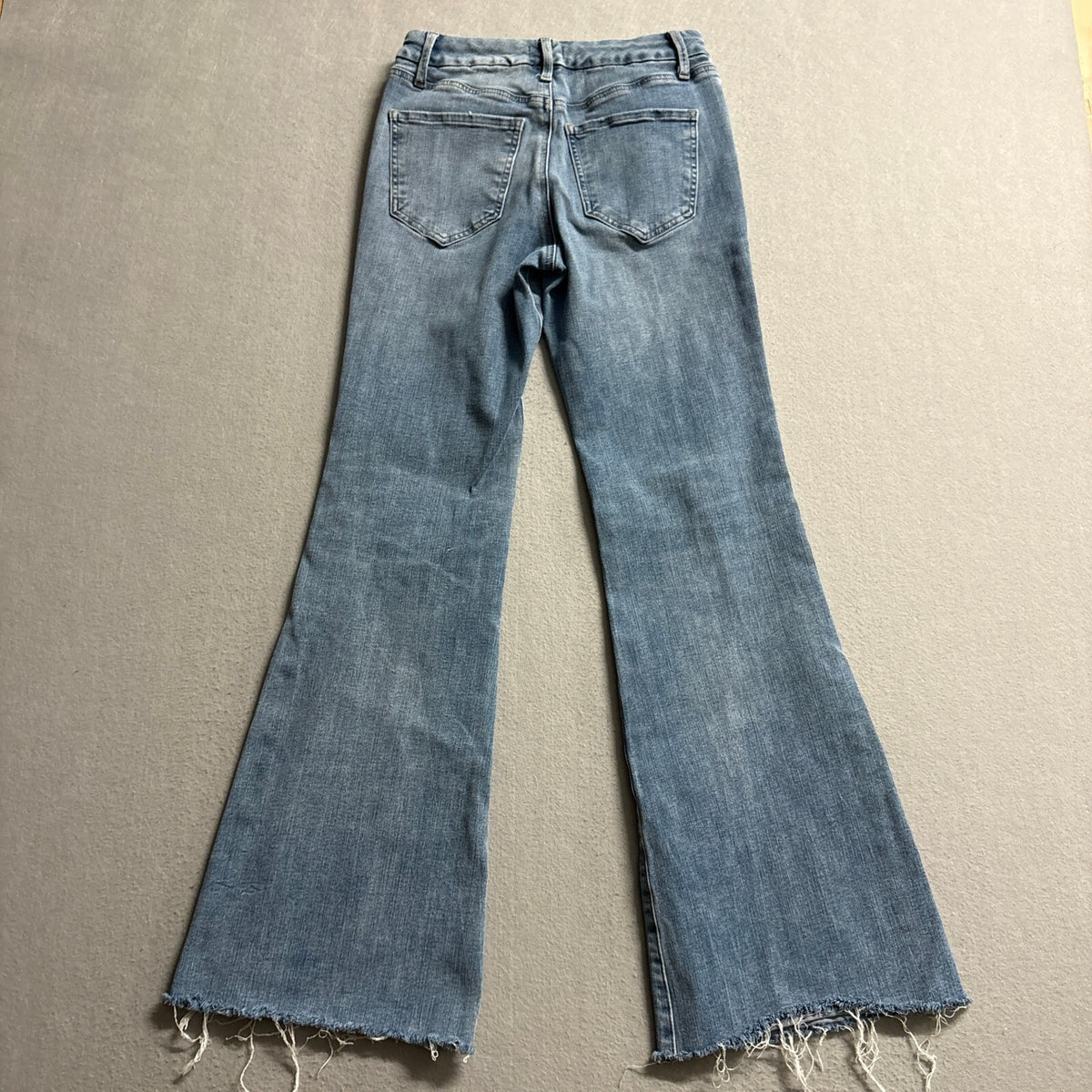 Express 70s Flare Jeans Womens Size S Reg Blue Denim Raw Hem Seam Front Mid Rise