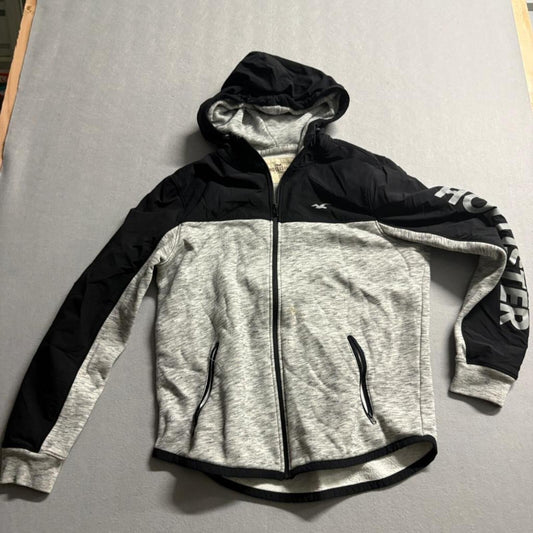 Hollister Jacket Mens Large Gray Black Colorblock Full Zip Hooded Windbreaker