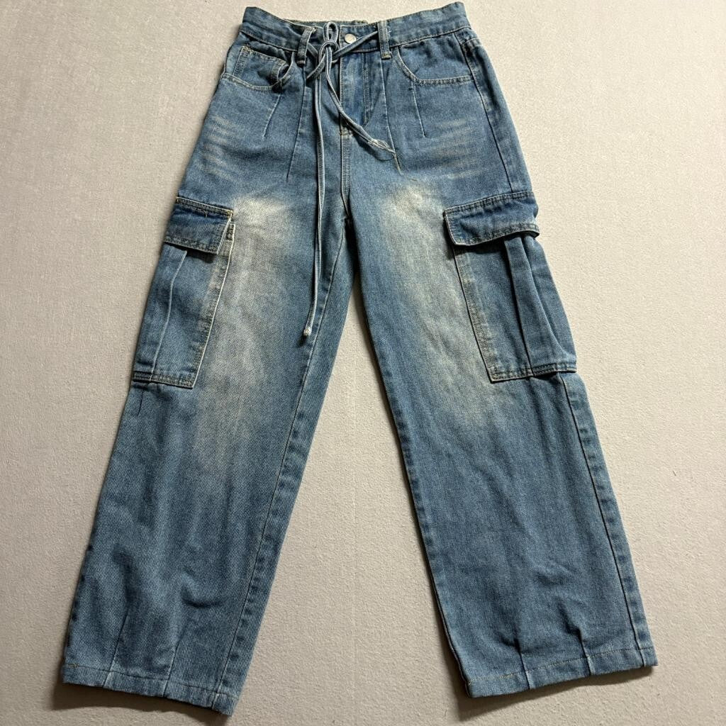 Unbranded Womens Blue Denim Cargo Jeans Size S Wide Leg High Rise Drawstring