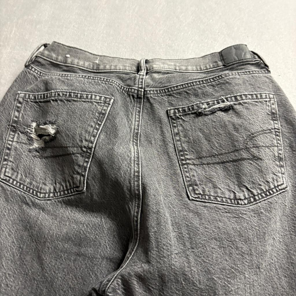 American Eagle Real Good Mom Jeans Womens 12 Gray Distressed High Rise Raw Hem