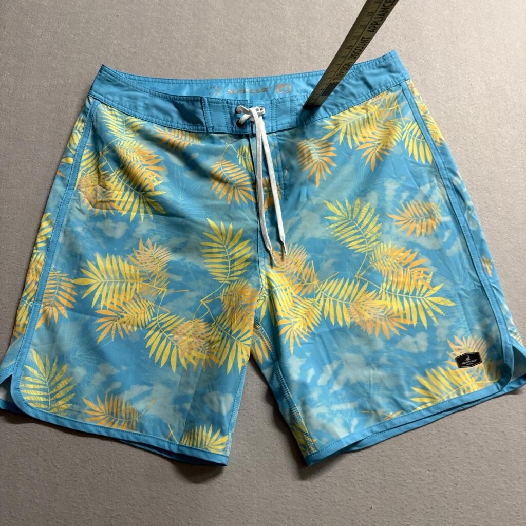 Surfcuz Board Shorts Mens 36 Blue Yellow Palm Leaf Print Swim Trunks Pockets