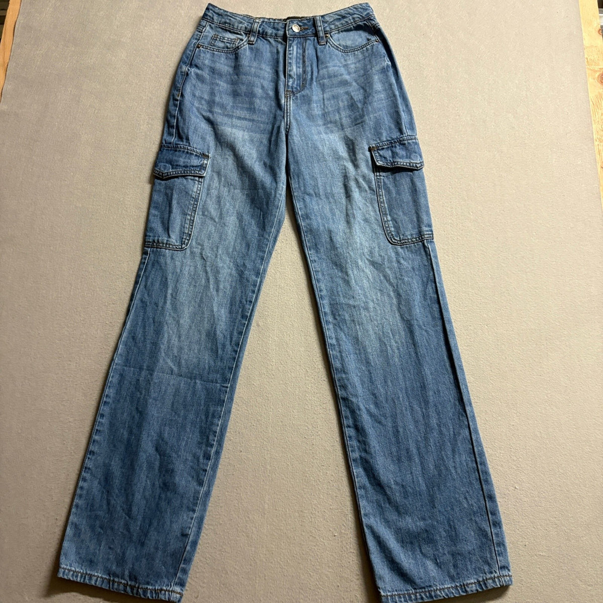 Fashion Nova Cargo Jeans Womens Size 3 Blue Denim High Rise Straight Leg Cotton