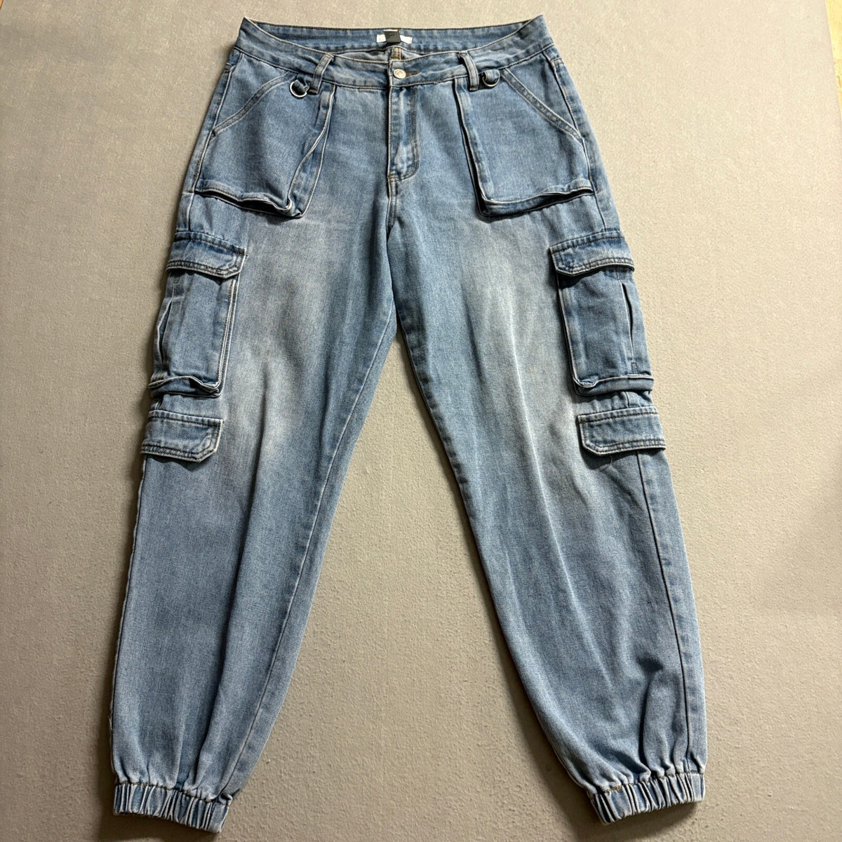 Forever 21 Women Blue Denim Cargo Jogger Pants Size 30 Elastic Cuff High Rise