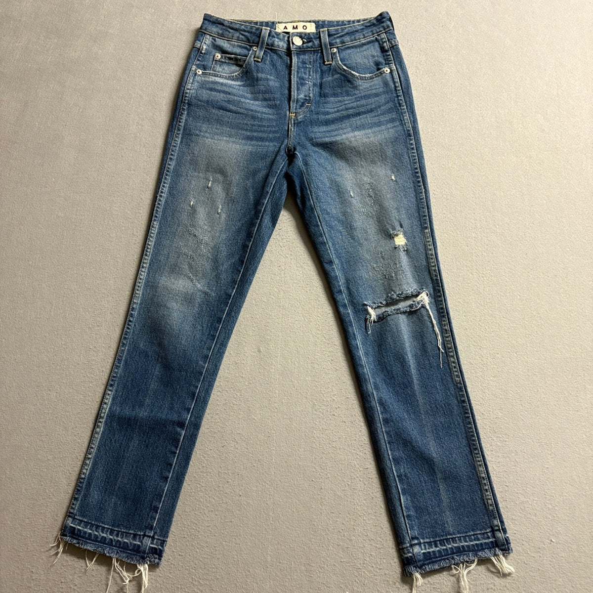 AMO Babe Dive Bar Destroy Jeans Womens Size 26 Distressed Frayed Hem Denim Blue